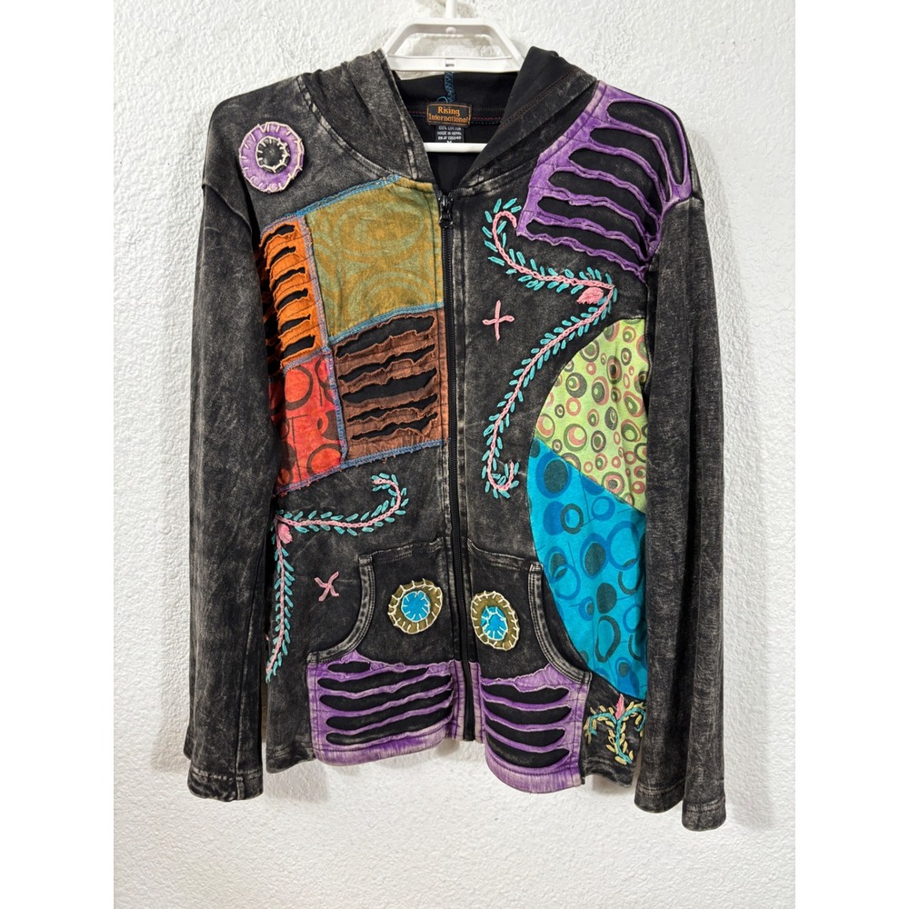Rising International Zip Hoodie Womens Medium Black Boho‎ Patchwork Nepal